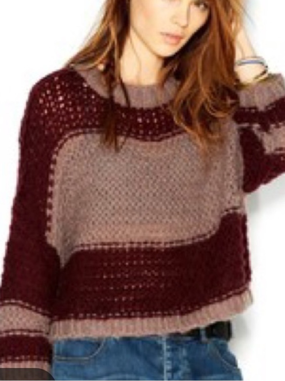Free People Monaco Burgundy and Taupe Colorblock Crewneck Sweater